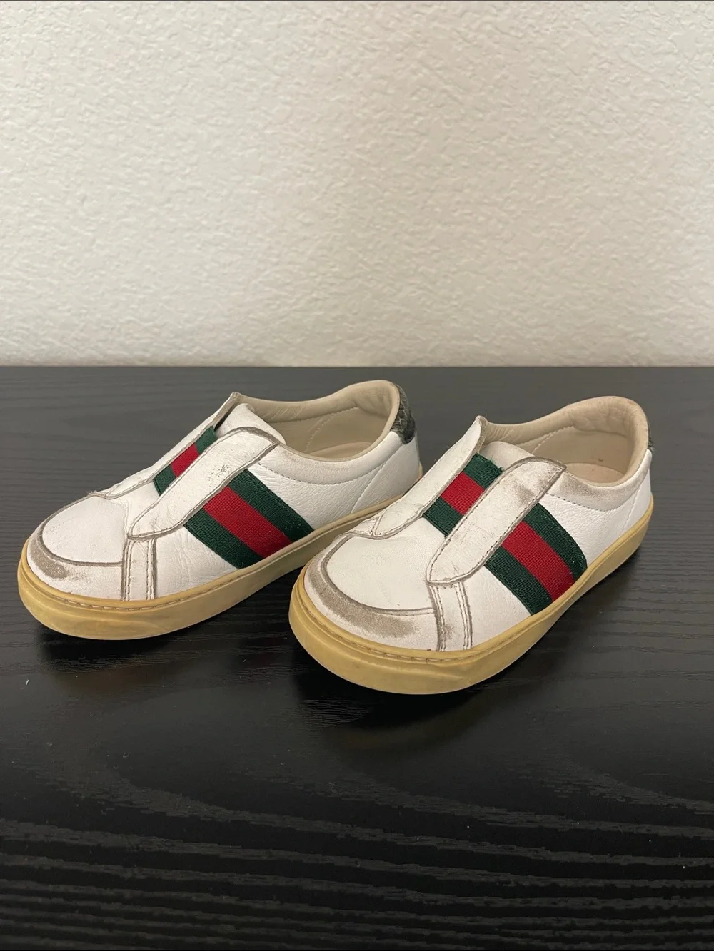 White Kids Slip-On Sneakers with Red & Green Side Stripes